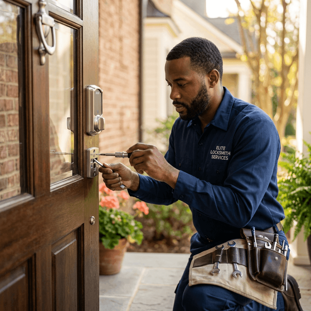Professional locksmith installing a deadbolt on a residential front door